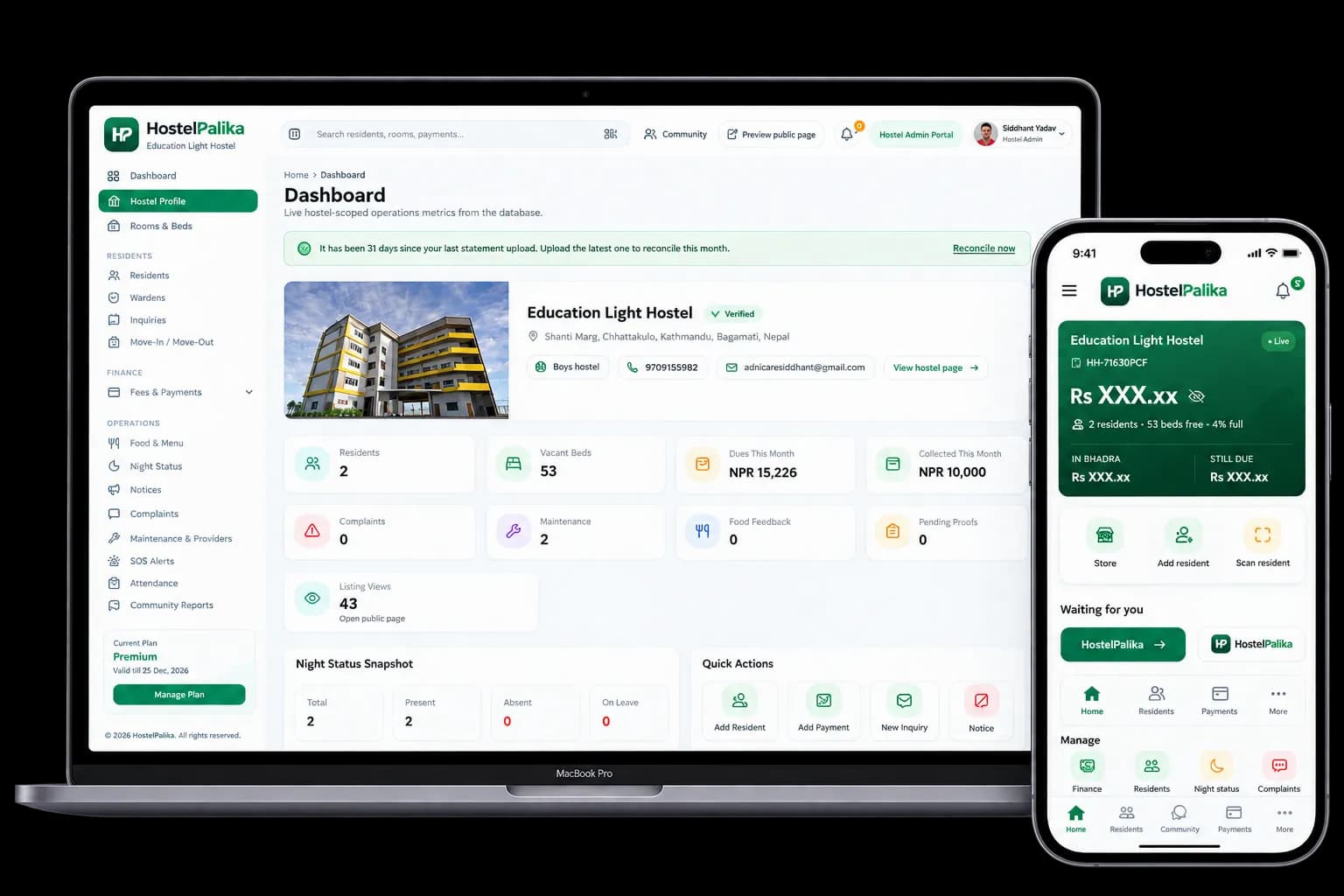 The hostel dashboard on a laptop and a phone