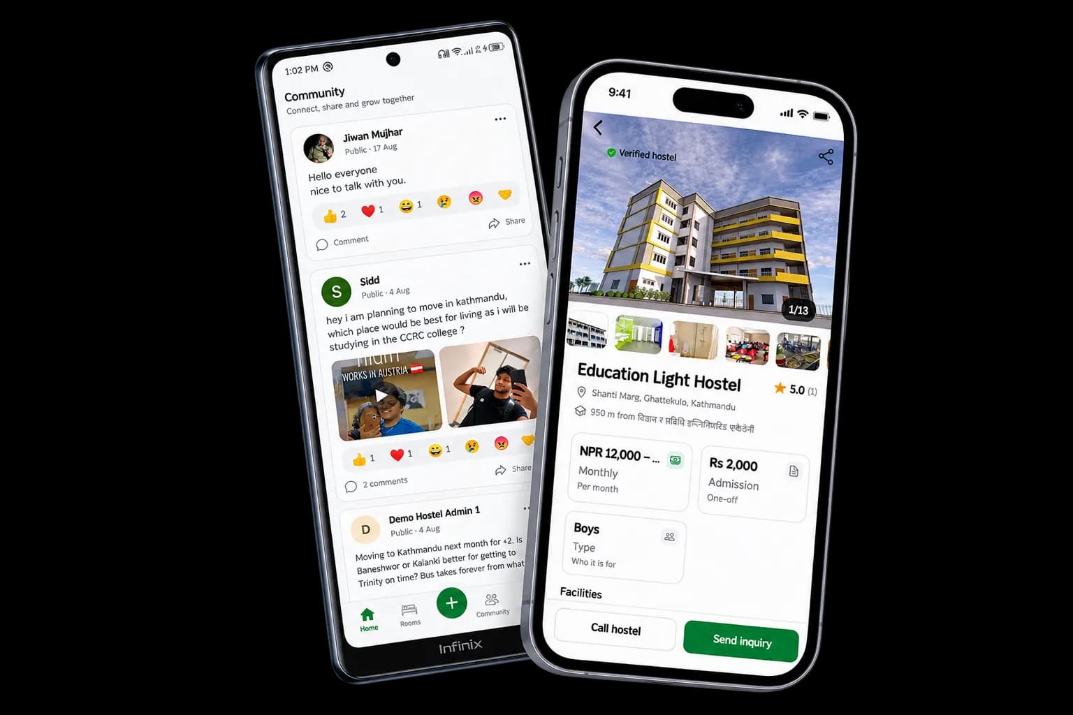 The app's community feed beside a hostel's public page