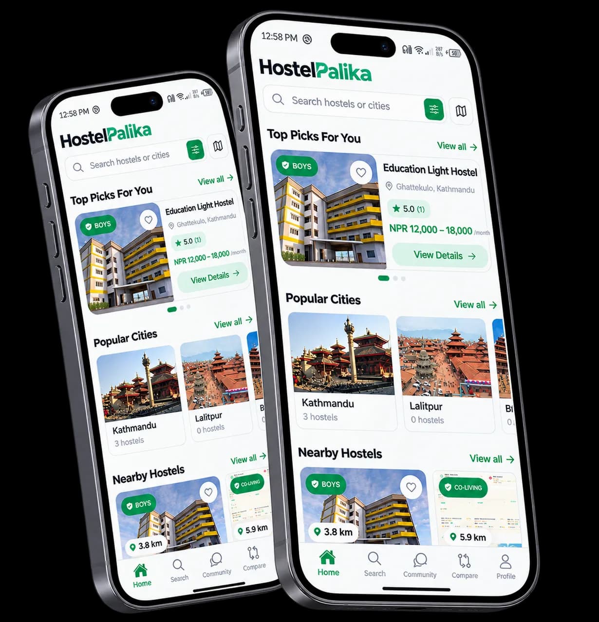 The app's home screen with top picks, popular cities and nearby hostels