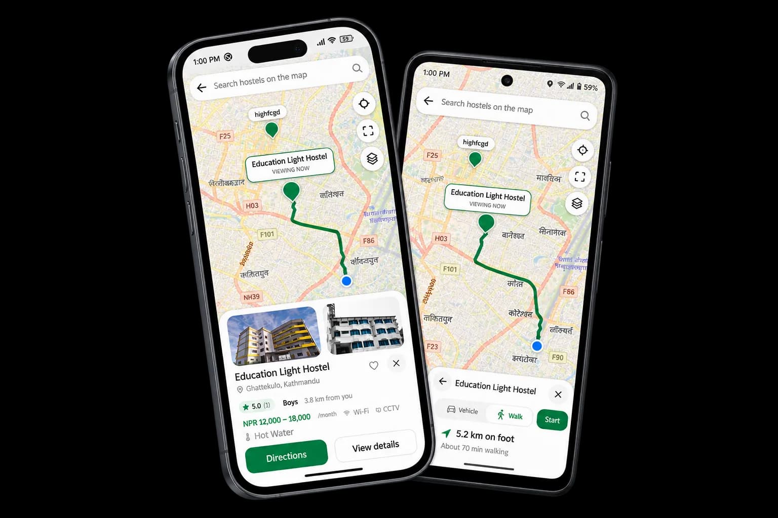 The hostel map on an Android phone