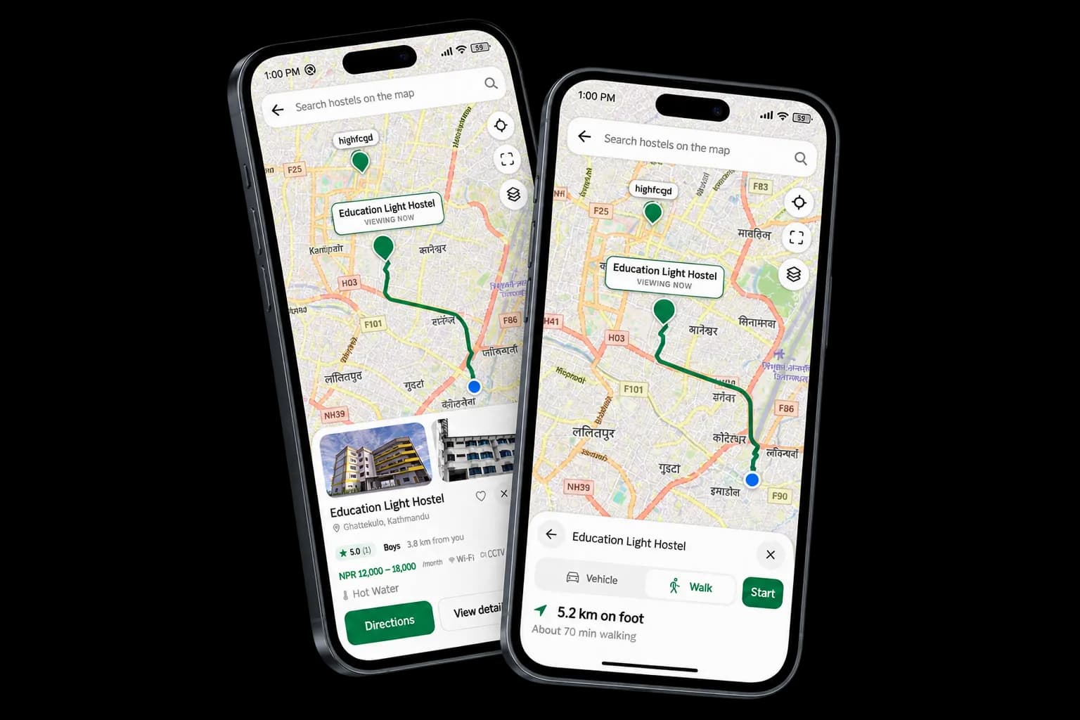 Hostels on the map with walking directions