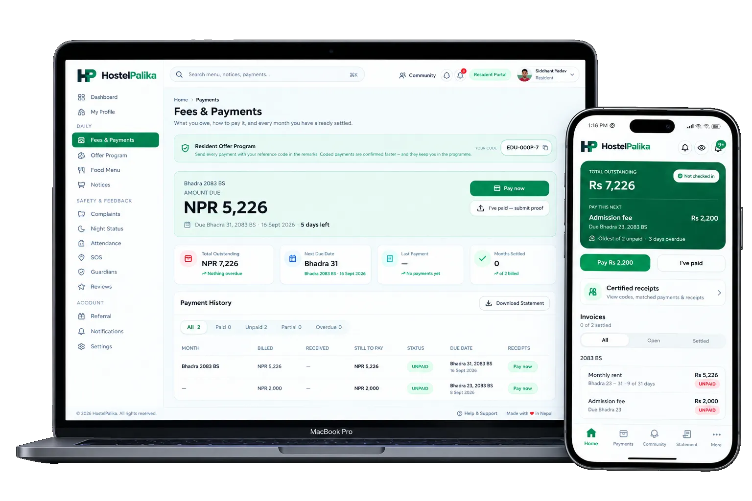 A resident's fees and payments