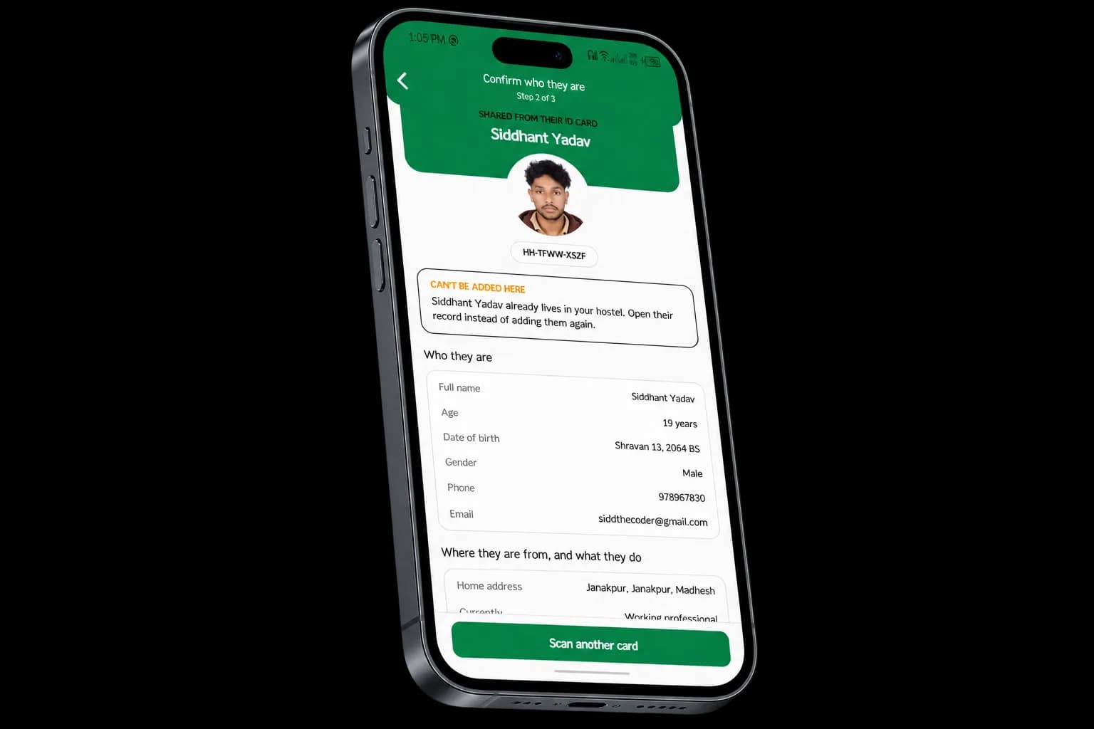 Confirming a resident's identity after scanning their card